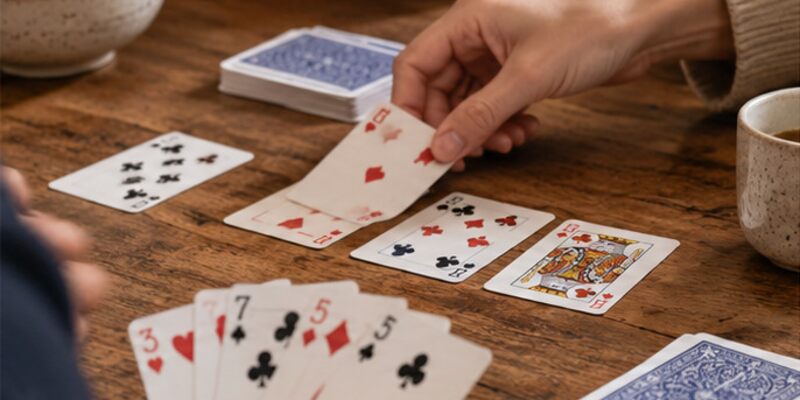 People playing a card game at a table