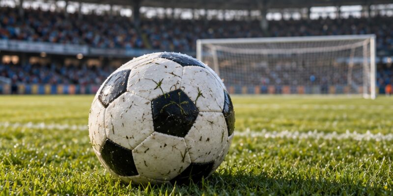 Association football resting on grass with an unbranded goal and stadium in view