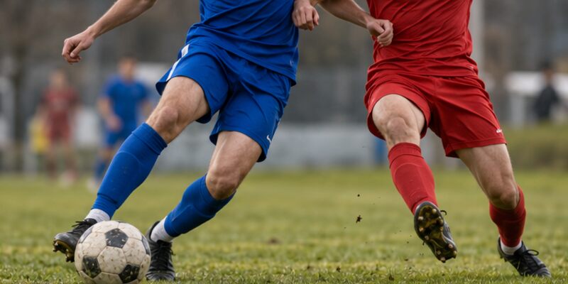 Unbranded football players contesting the ball during a match