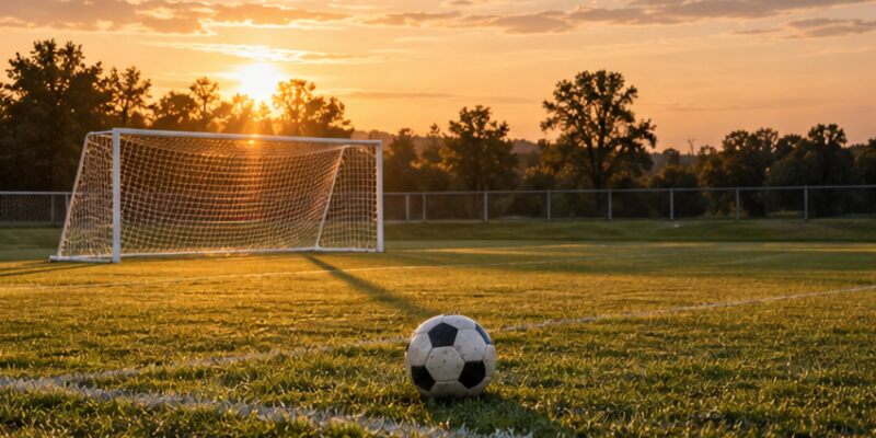Football pitch and ball at sunset beside a goal